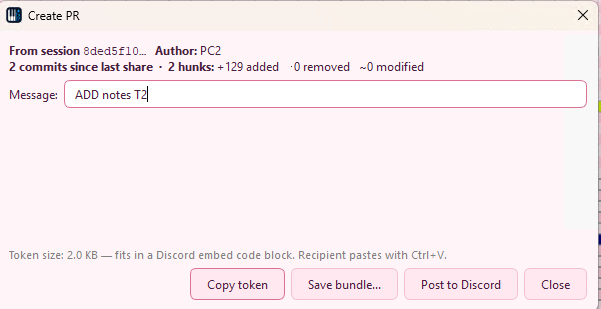 Create PR dialog with title, message, and Copy inline token button