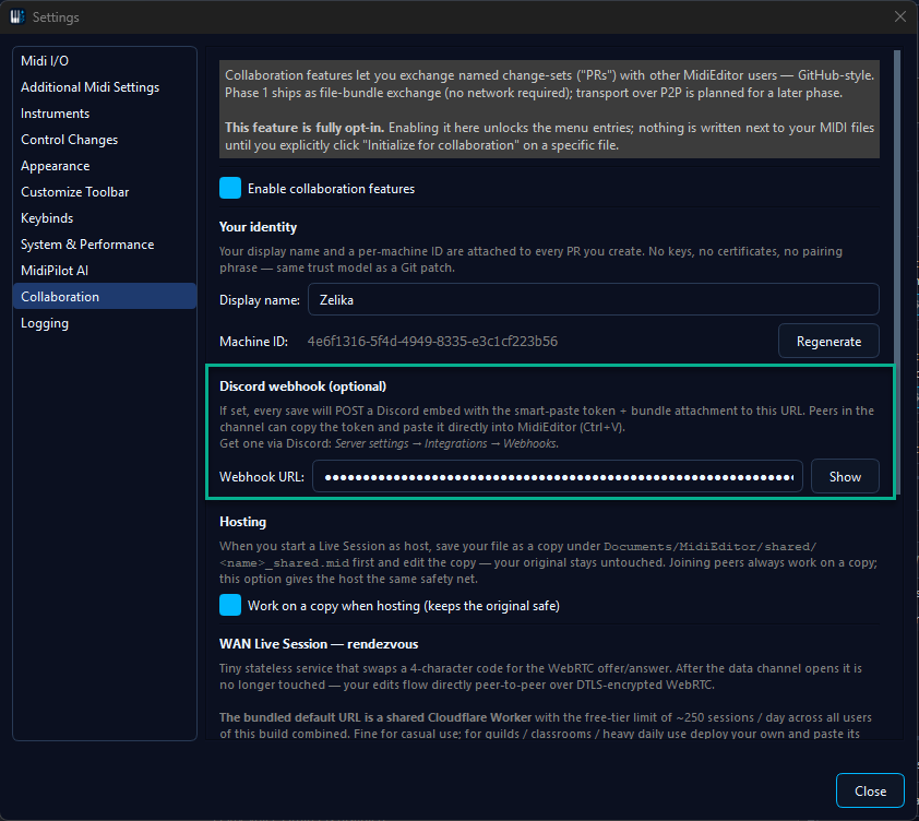 Settings Collaboration tab with the Discord Webhook URL field highlighted