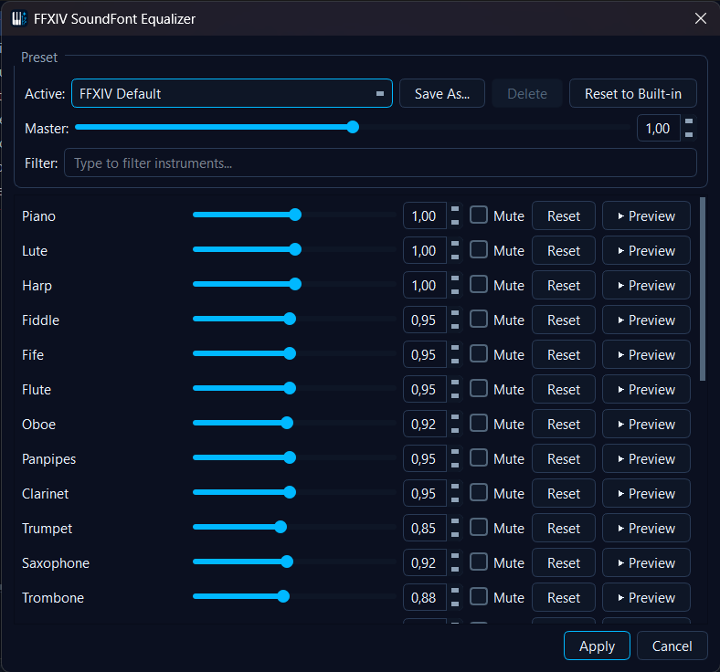 FFXIV SoundFont Equalizer dialog with per-instrument gain sliders, mute checkboxes, per-row Preview buttons, master gain and preset selector