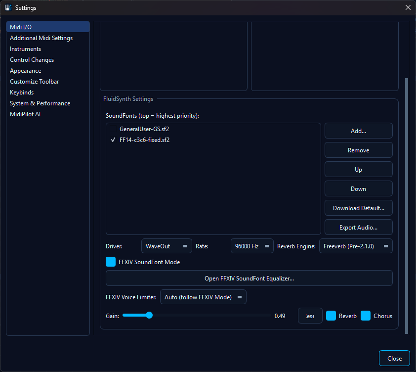 MIDI Settings -> FluidSynth panel showing the Open FFXIV SoundFont Equalizer button