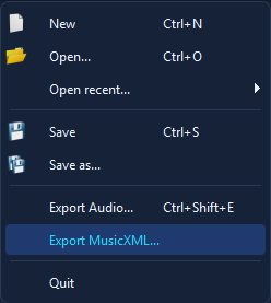 The File menu with Export MusicXML... highlighted.