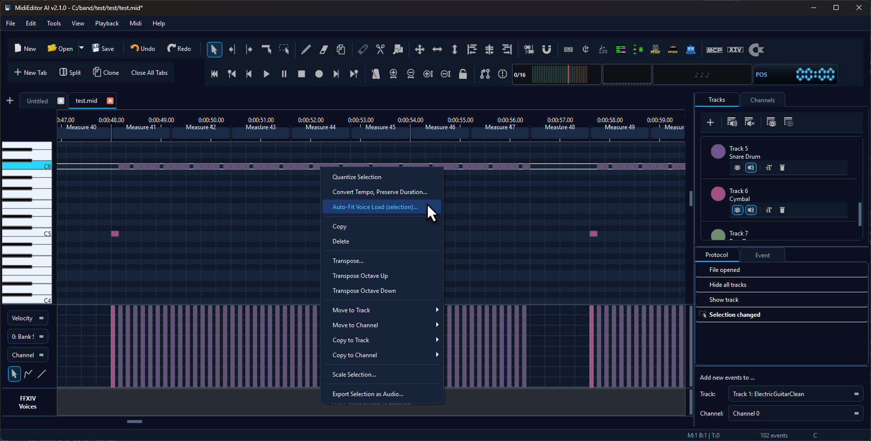 The editor's selection context menu with the Auto-Fit Voice Load (selection) entry