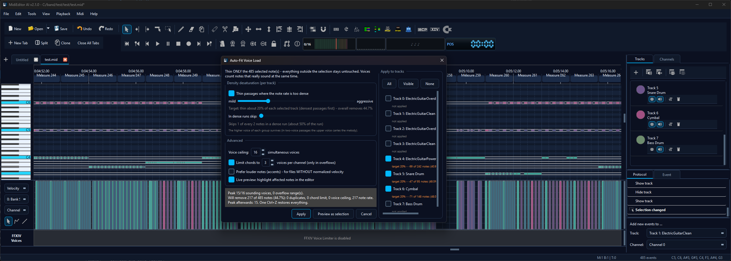 The Auto-Fit Voice Load dialog open over the editor, scoped to a note selection