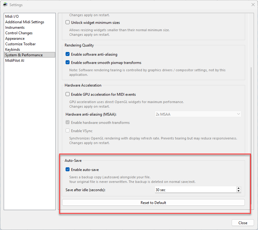 Auto-Save settings in System & Performance