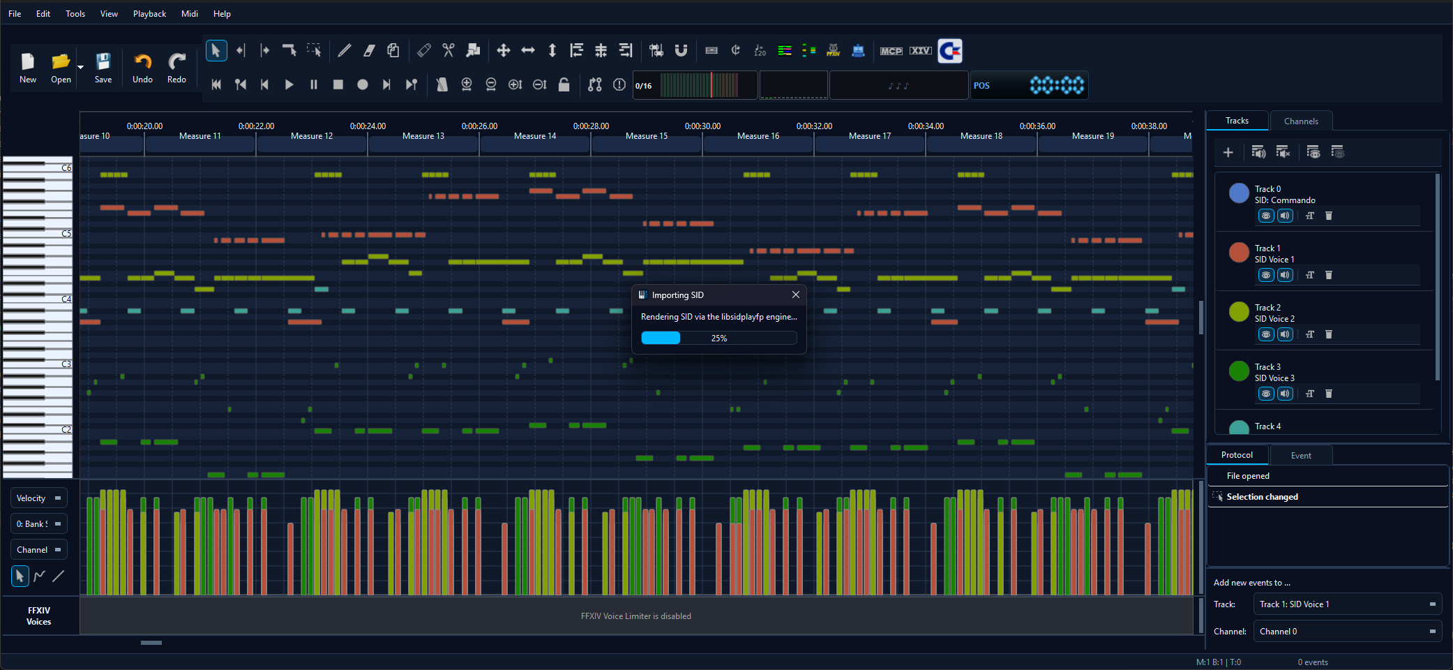 A SID tune imported into MidiEditor AI, showing three voice tracks plus a SID Percussion track in the piano roll.
