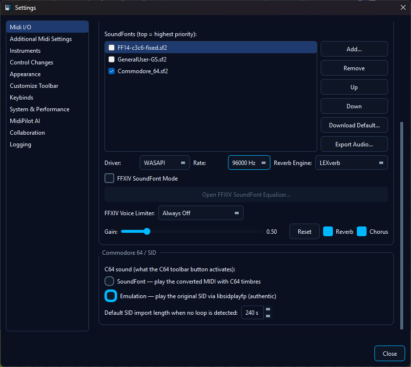 The Commodore 64 / SID settings block in Settings, MIDI I/O: a SoundFont vs Emulation radio and a default import length spinbox.