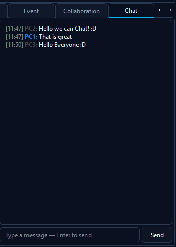 Chat tab open with messages exchanged between two peers, input field with a Send button at the bottom.