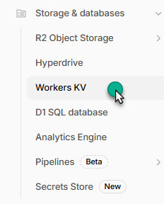 Cloudflare dashboard, KV namespaces menu, with Create button highlighted