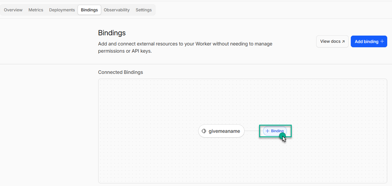 Worker Settings → Variables and Secrets, with the Add binding entry visible