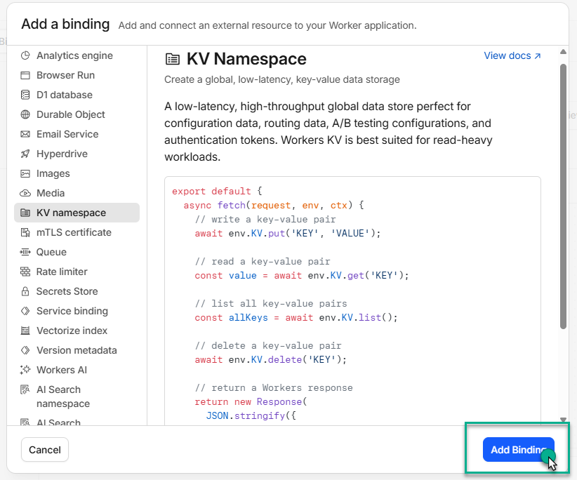 Add binding dialog opening, with KV Namespace selected as the binding type