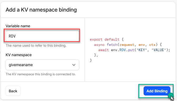 Binding dialog filled with variable name RDV and the RDV namespace