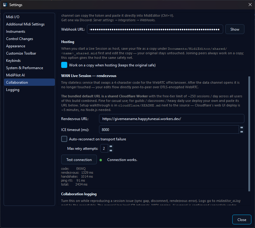 MidiEditor Settings, Collaboration tab, custom rendezvous URL pasted