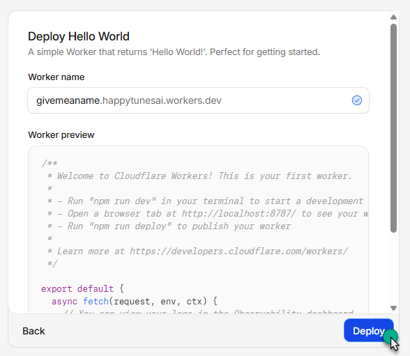 Deploy button on the Hello World template