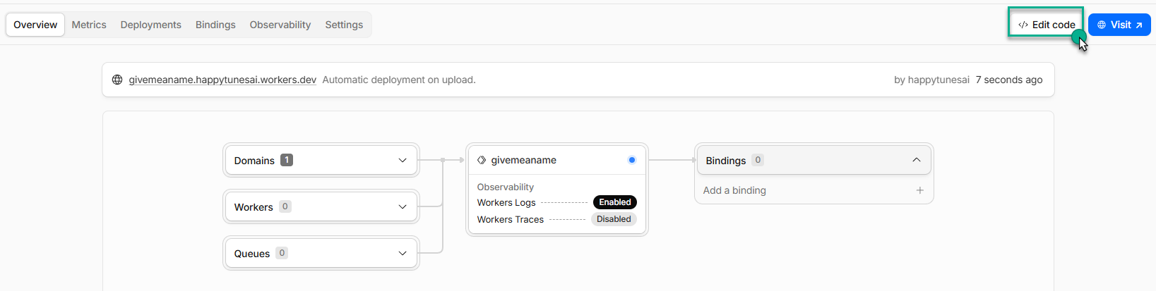 Cloudflare Worker editor showing the default code