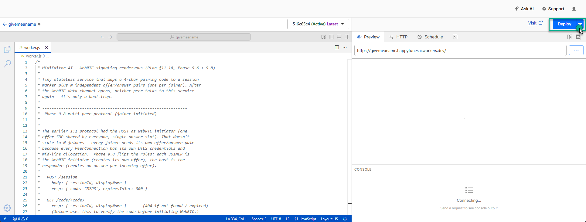 Save and Deploy button in the Worker editor