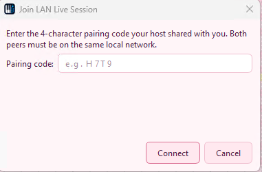 LAN Live Session join dialog showing the discovery list and a manual-IP fallback field