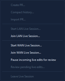 MidiEditor AI Collab menu open, showing all four mode entry points: Create PR, Start LAN, Start WAN, plus settings