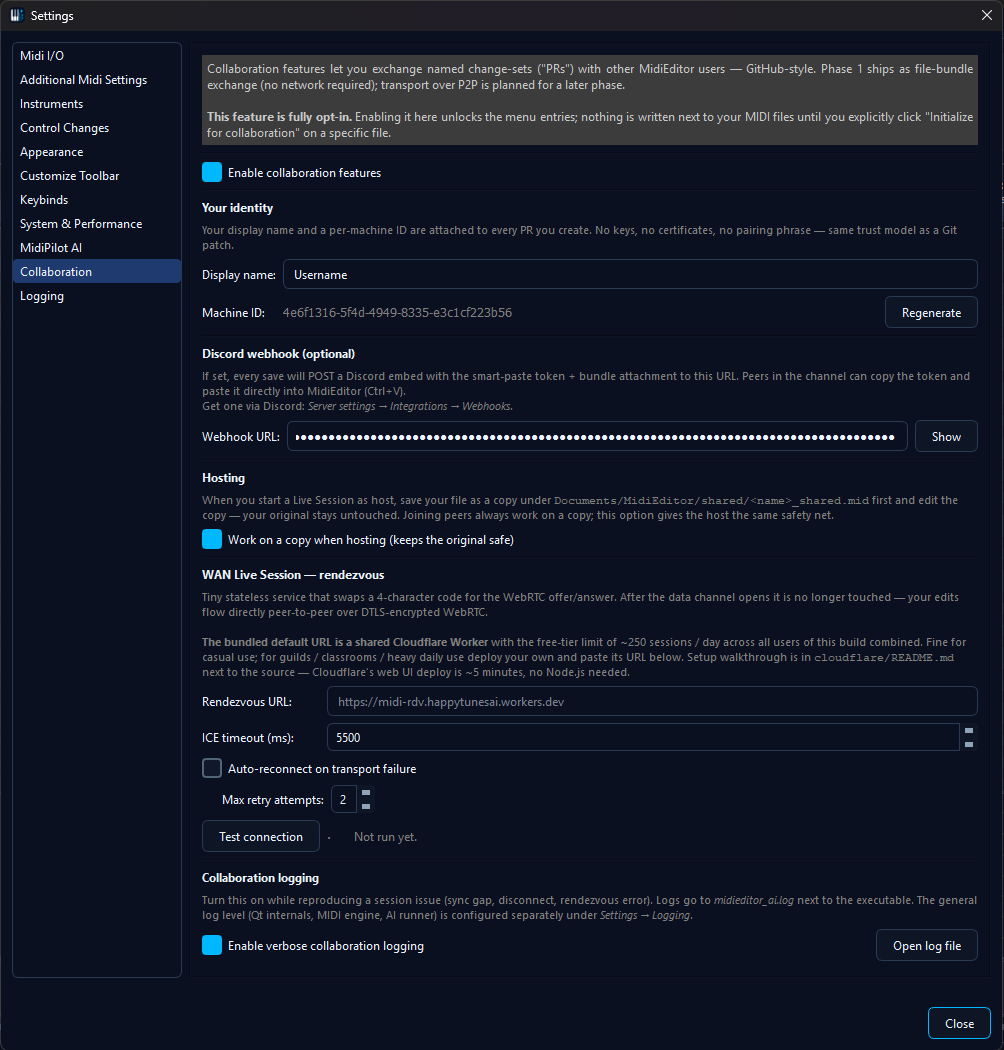 MidiEditor Settings dialog open on the Collaboration tab