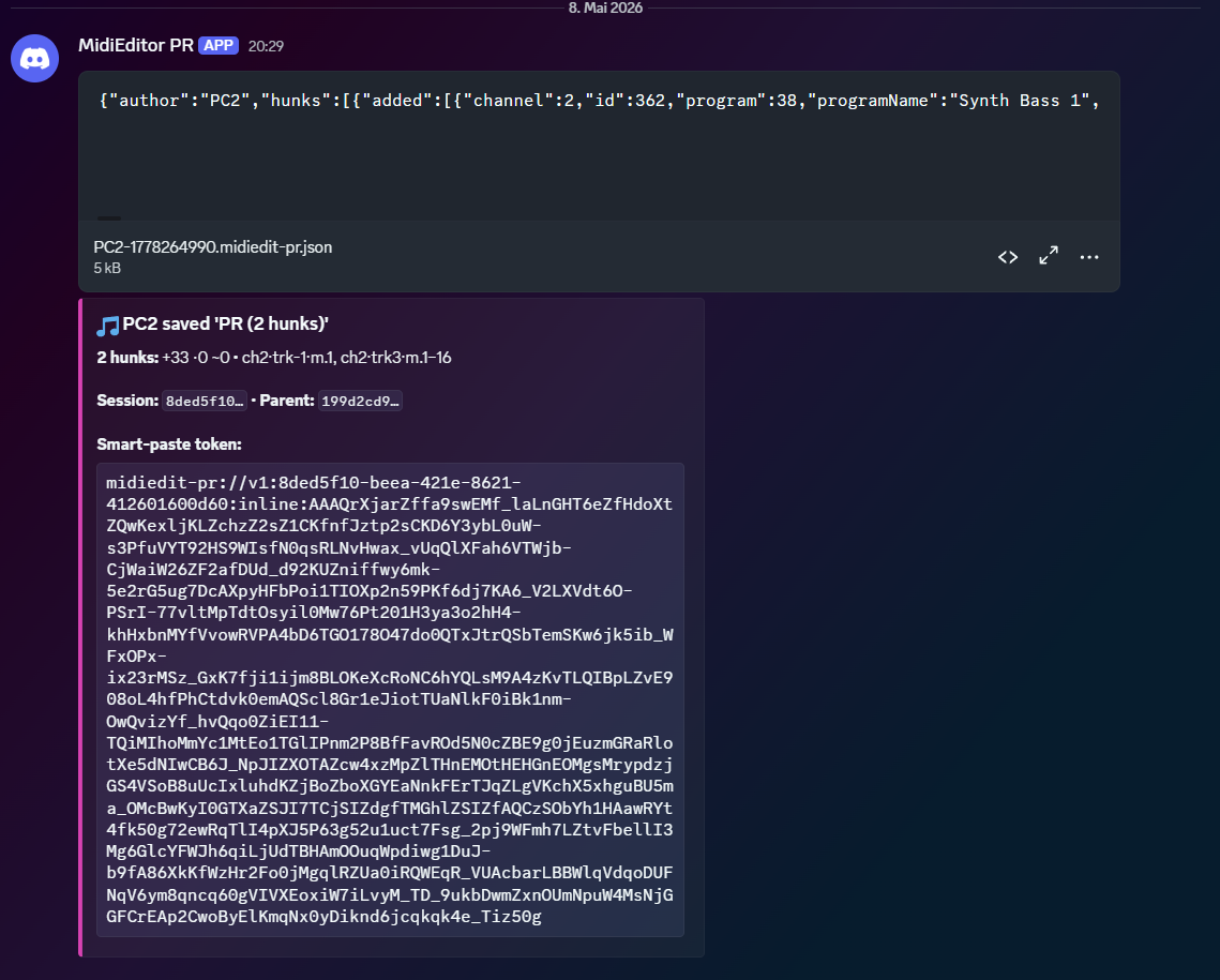Discord channel showing a posted PR embed with title, commit summary, and the smart-paste token in a code block