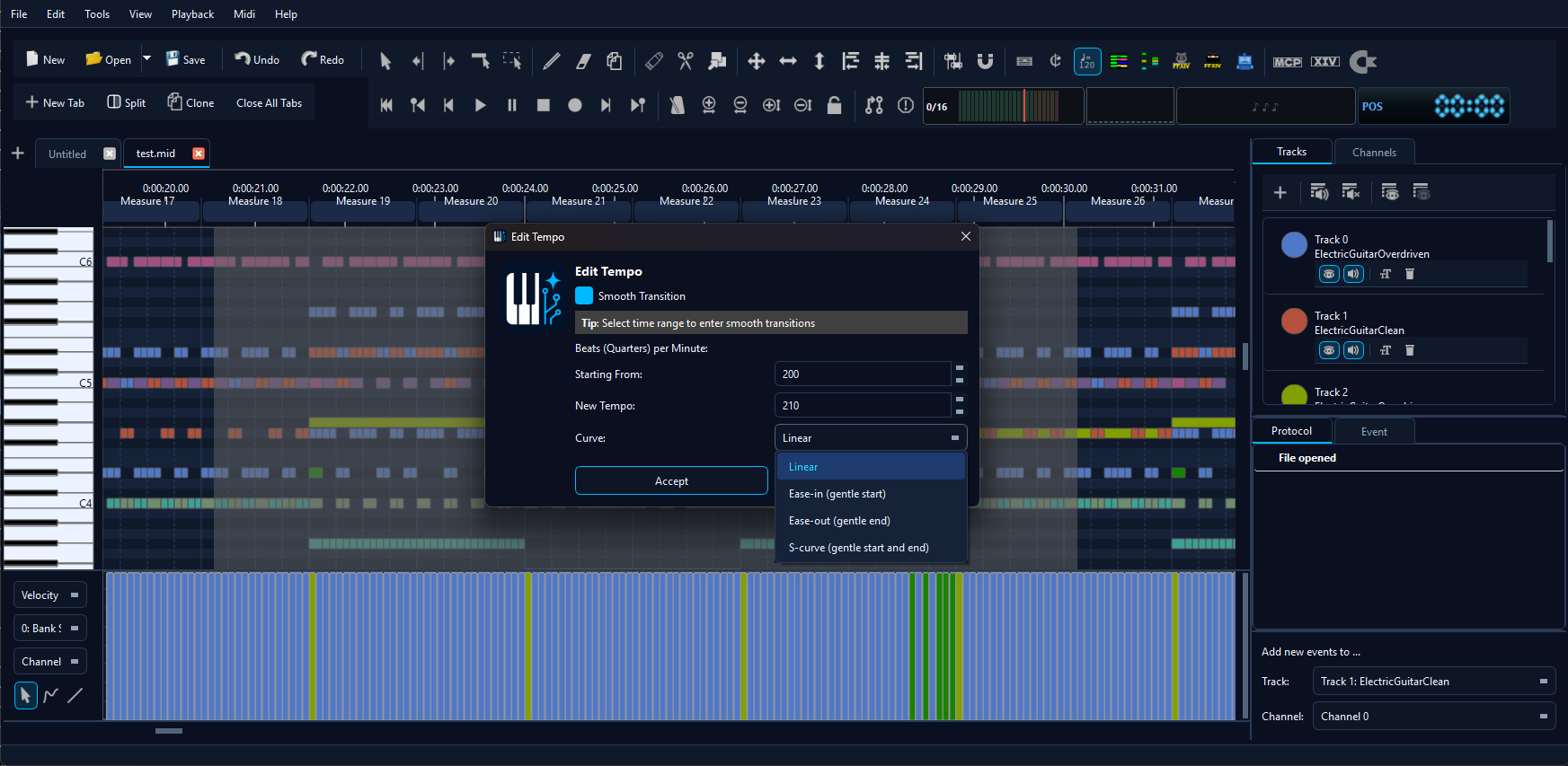 The Edit Tempo dialog over a selected range with the Curve dropdown open