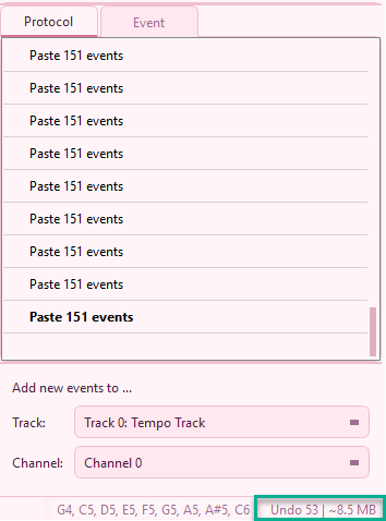 The Protocol list with a run of undo steps above the status bar, whose right-hand field reads Undo 53 | ~8.5 MB next to the recognised chord notes
