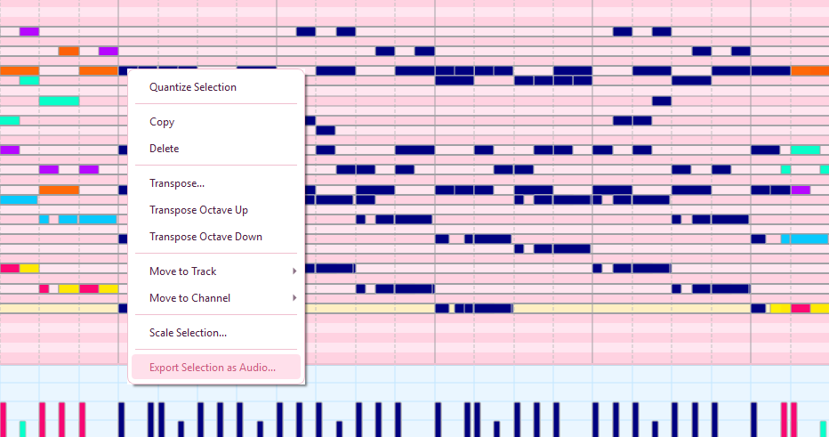 Right-click context menu showing Export Selection as Audio option