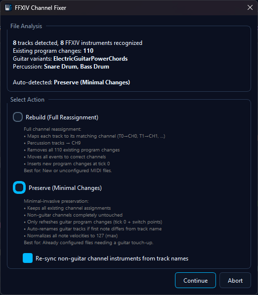 Preserve mode with the instrument re-sync checkbox