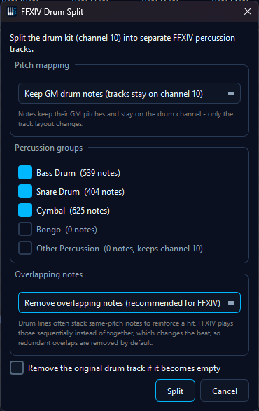 FFXIV Drum Split preview dialog