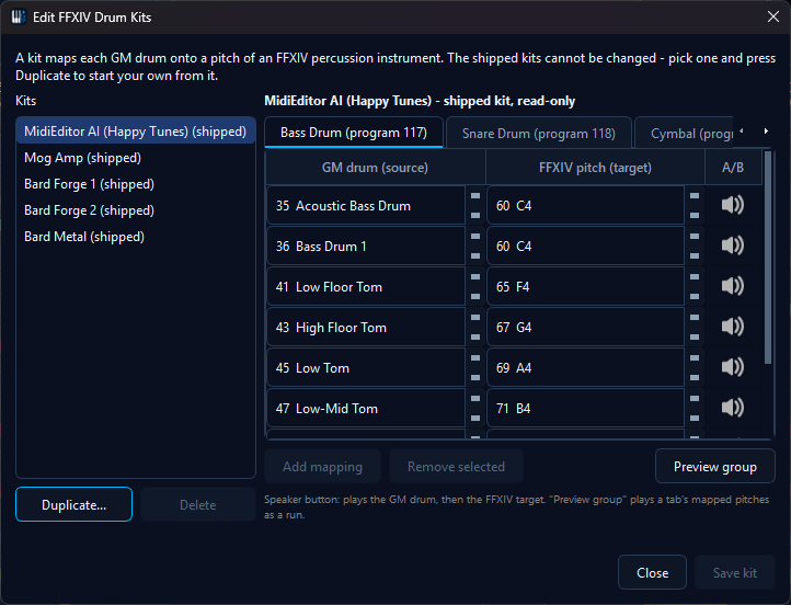 The kit editor: kit list on the left, mapping tabs with the A/B speaker column on the right