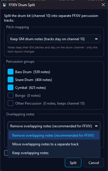 FFXIV Drum Split dialog with a kit selected and the Overlapping notes option