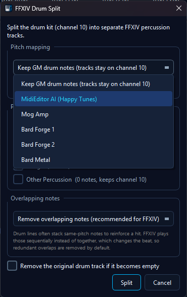 FFXIV Drum Split with a pitch mapping kit selected