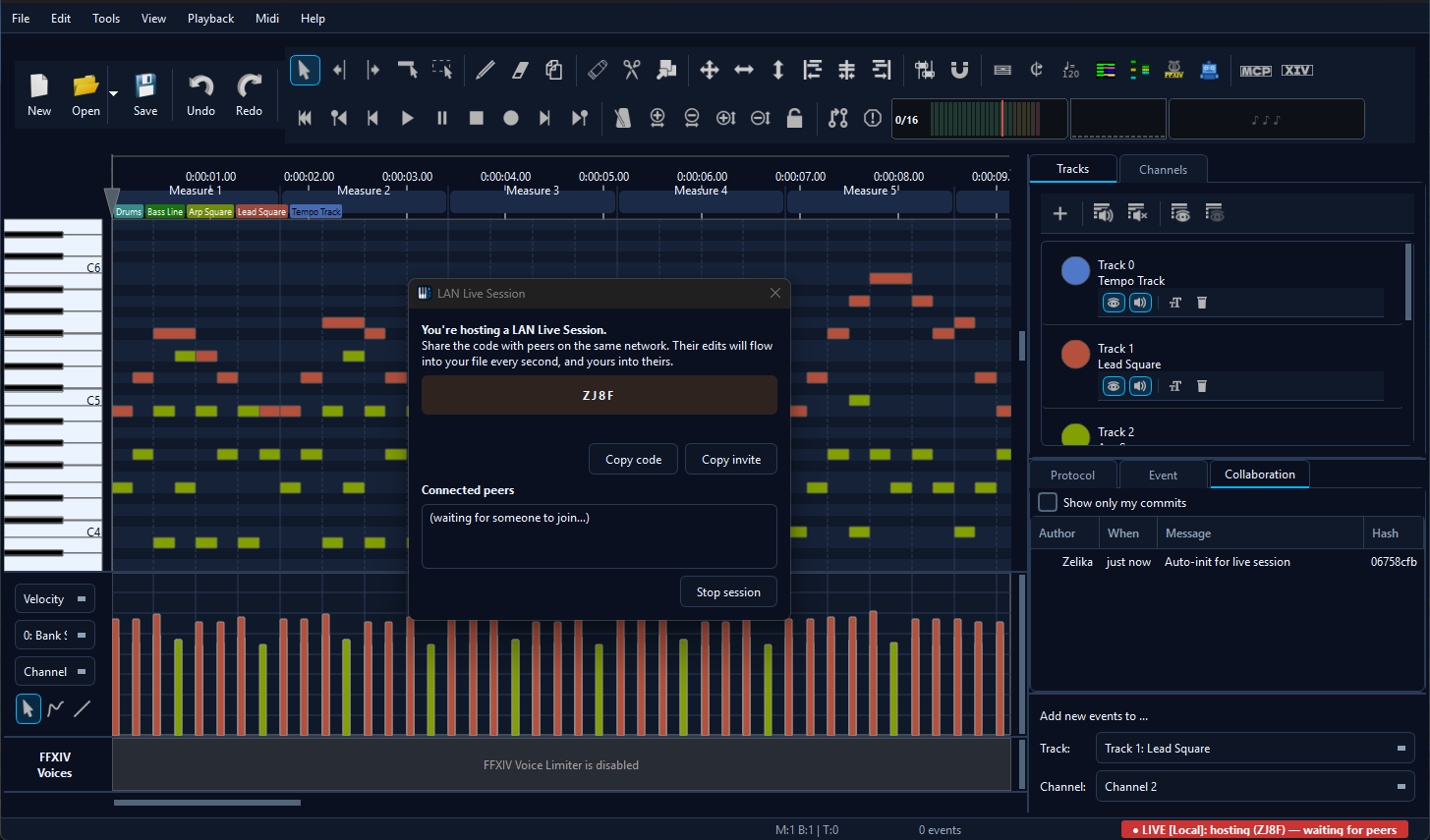 MidiEditor with an active LAN Live session: matrix view, peer labels, and LIVE [Local] indicator