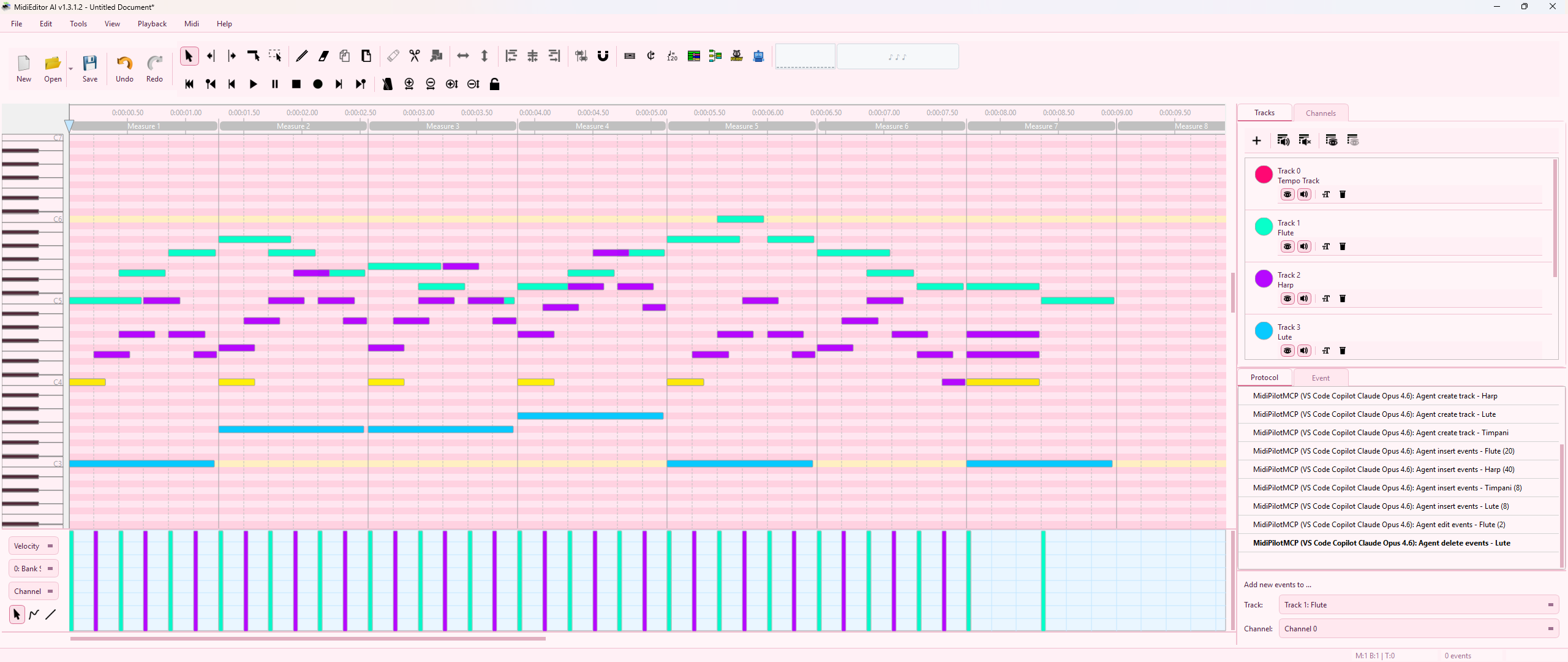 Protocol panel showing MidiPilotMCP actions from VS Code Copilot