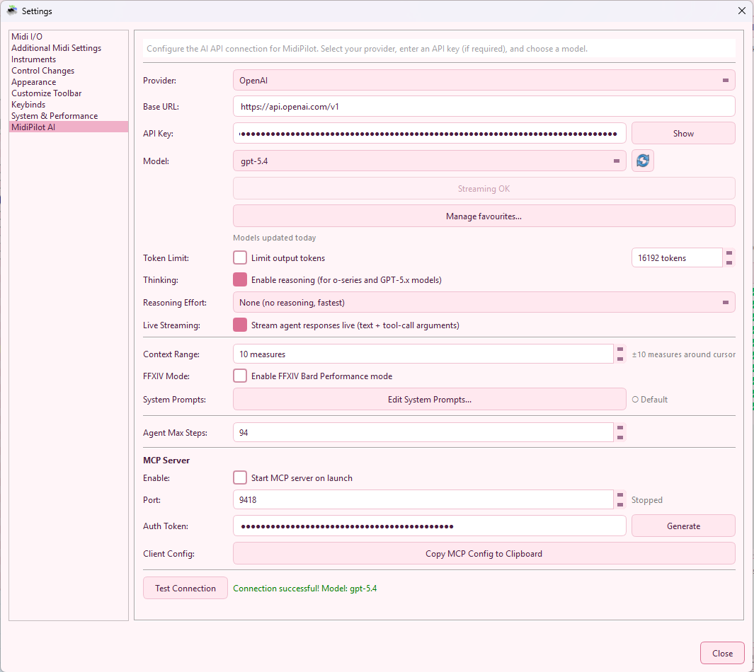 MCP Server settings in AI Settings dialog