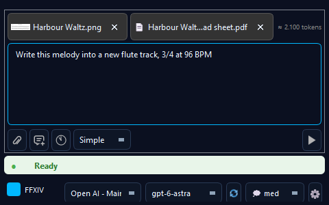 MidiPilot input bar with a picture and a PDF attached as chips above the message