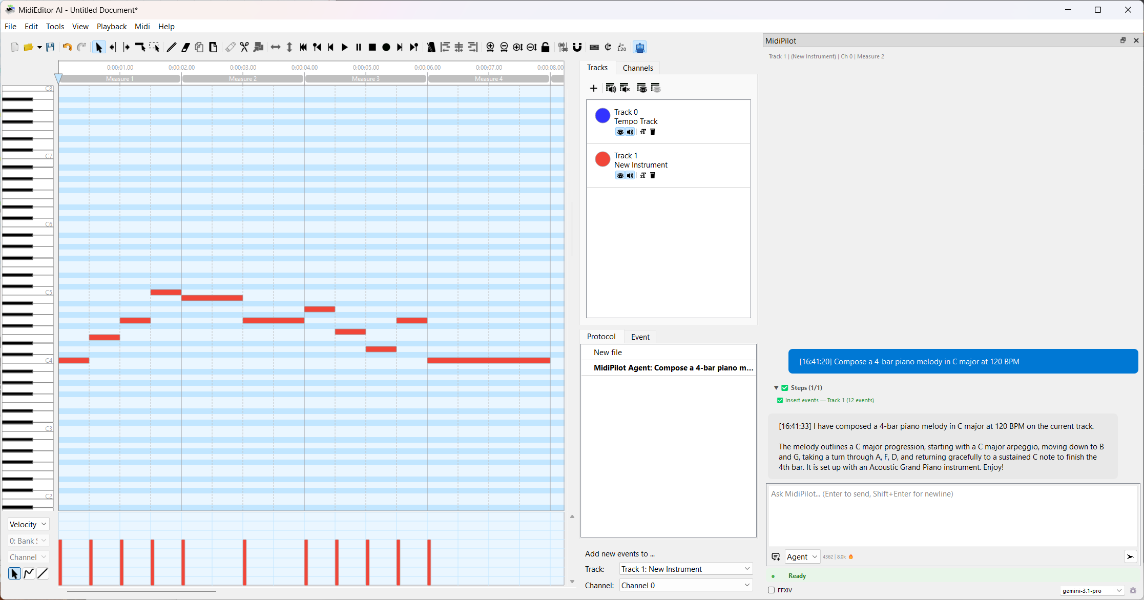 4-bar piano melody composed by MidiPilot