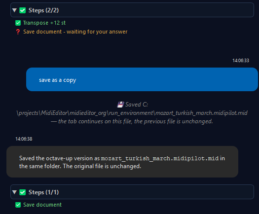 After the answer "save as a copy" MidiPilot saves a marked copy, the tab continues on it and the original stays unchanged