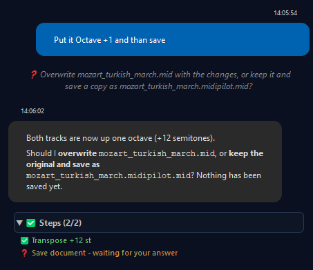 MidiPilot transposed the song and asks whether to overwrite the opened MIDI file or save a copy; the save step waits for the answer