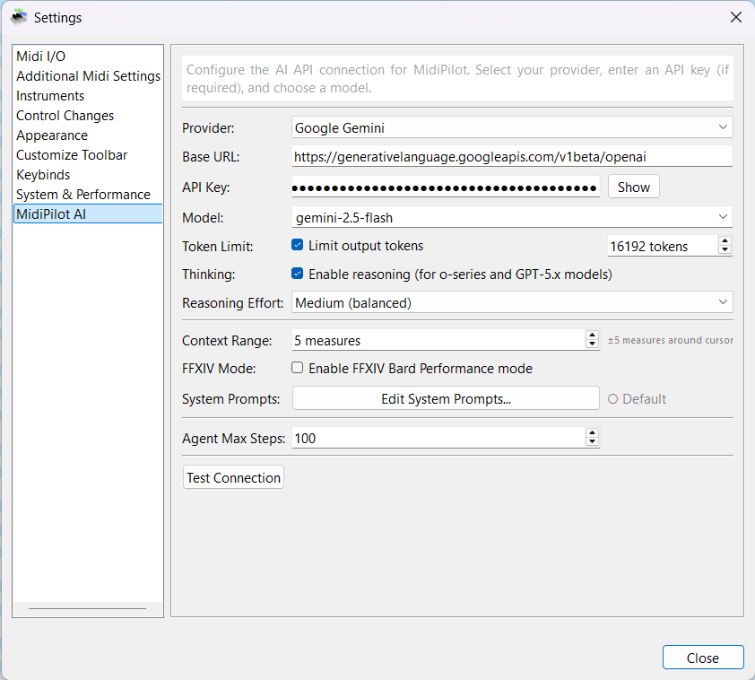 MidiPilot AI settings