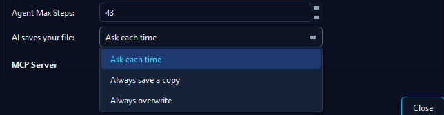 The AI saves your file setting with its three choices: Ask each time, Always save a copy, Always overwrite
