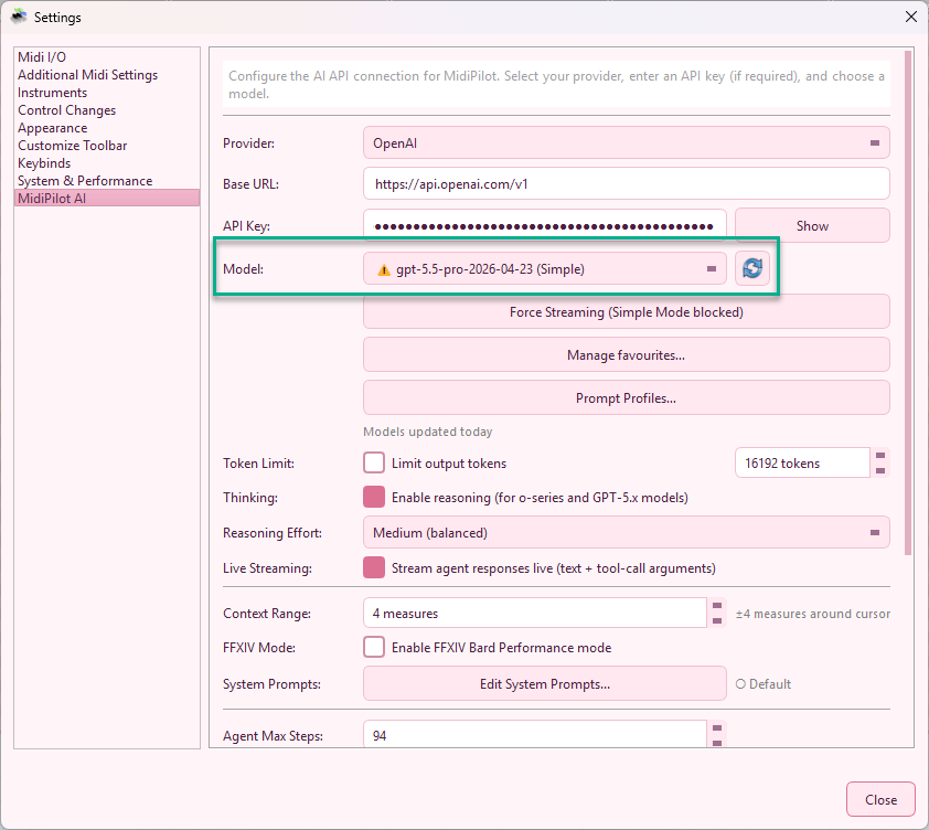 Model dropdown showing a model marked with the warning icon and a (Simple) suffix after a streaming failure