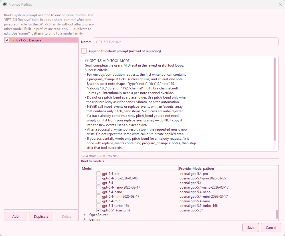 Prompt Profiles dialog showing the built-in GPT-5.5 Decisive profile, model patterns, append-to-default toggle, and system prompt editor