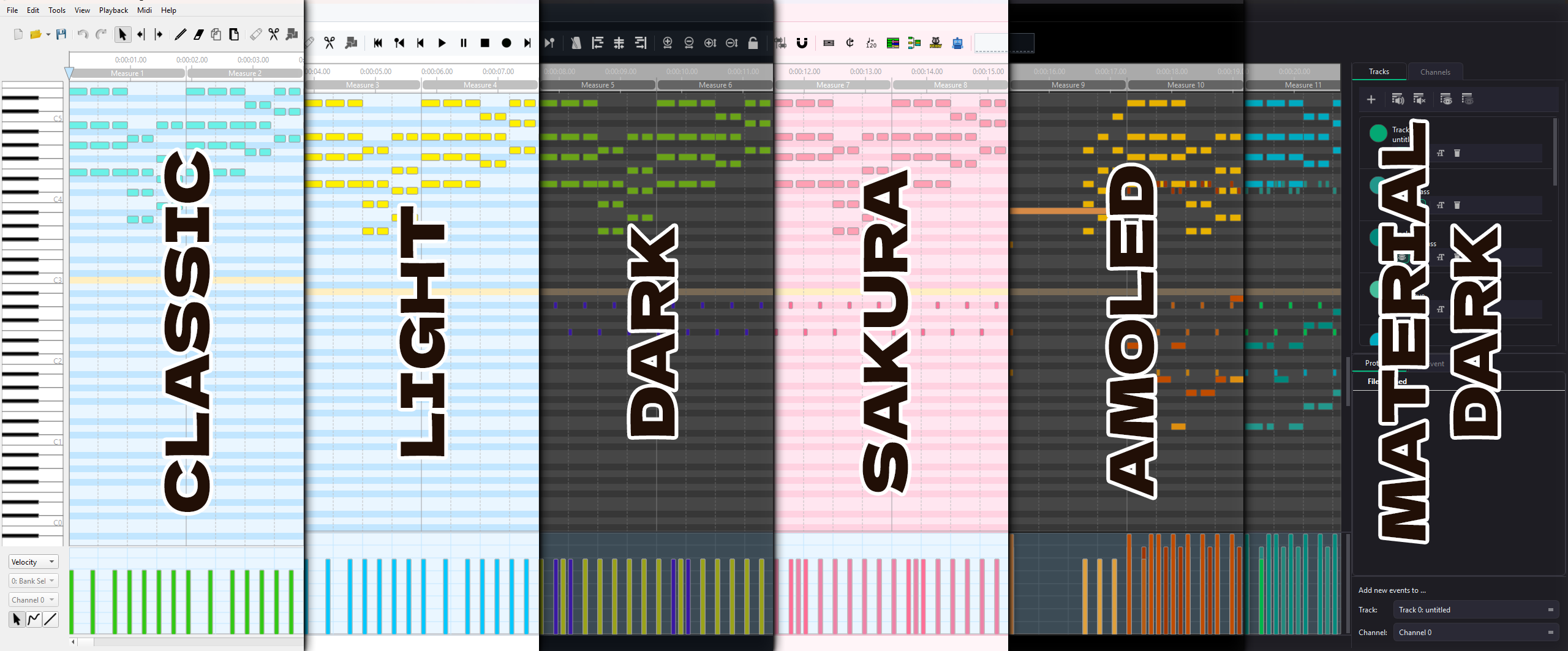 MidiEditor AI theme overview showing Dark, AMOLED, Sakura, Light and Material Dark themes side by side