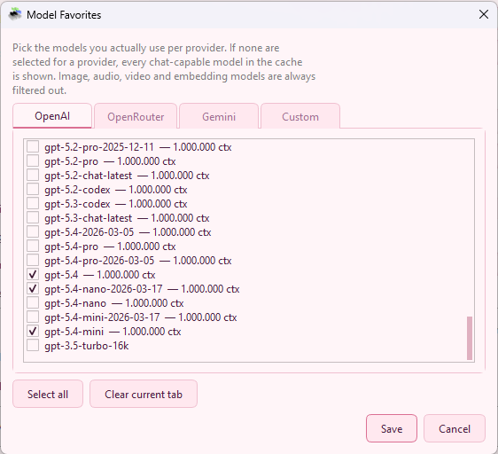 Model favorites dialog
