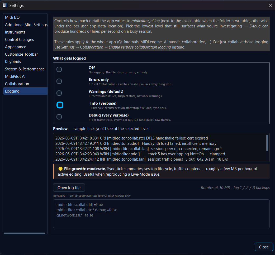 Settings → Logging tab: five level radio buttons with colour-coded severity bars, sample-line preview pane, size-estimate warning callout, Open log file button, and the advanced per-category rules editor