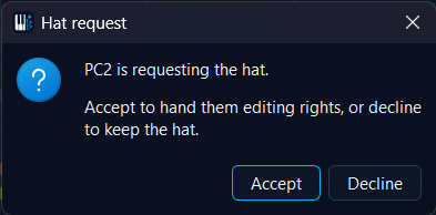 Modal prompt on the presenter announcing that a peer is requesting the hat, with Accept and Decline buttons.
