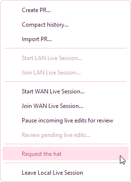 Collaboration menu opened showing the Pass the hat to..., Request the hat, and Take the hat entries.