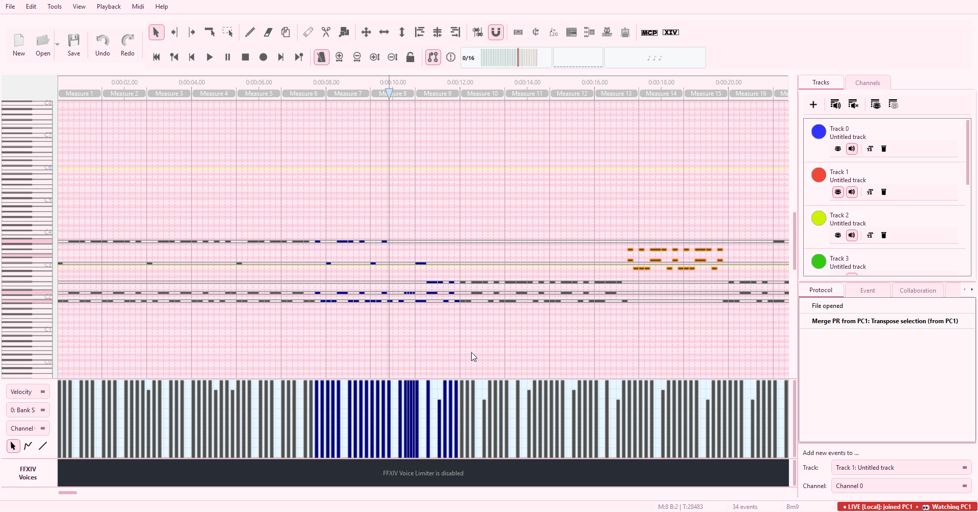Viewer window in Show mode: matrix populated with notes, Edit / Tools / Midi menus and toolbar greyed out, MidiPilot input disabled.