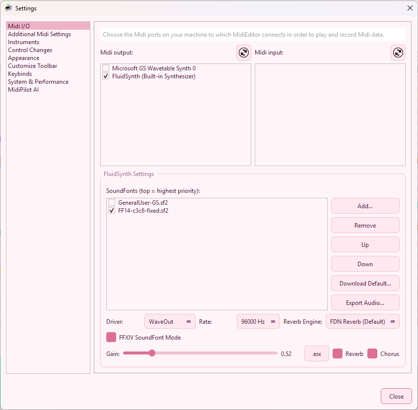 SoundFont list with enable/disable checkboxes â€” one item unchecked