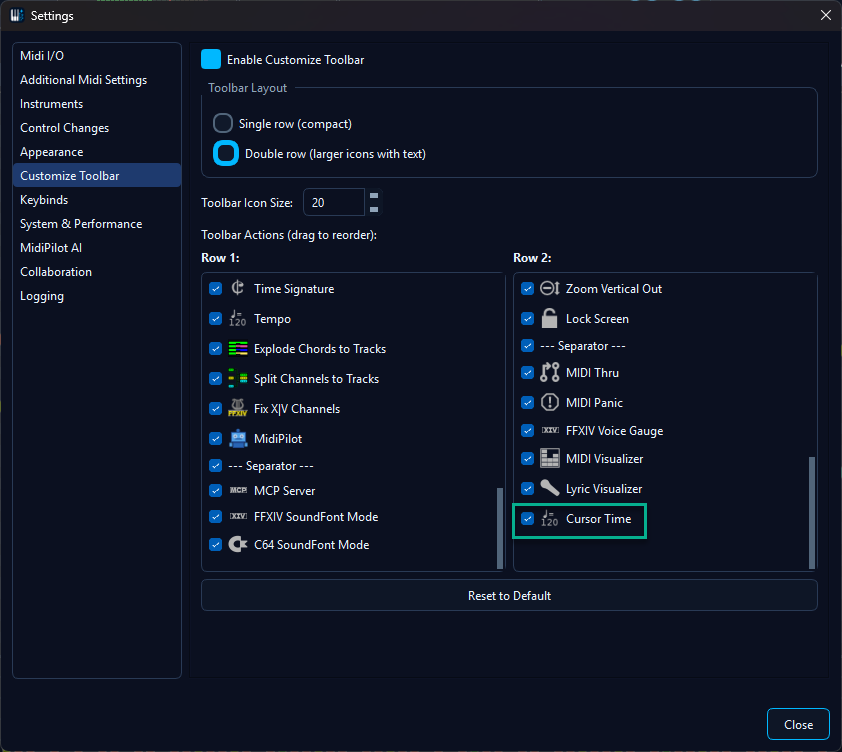 Settings, Customize Toolbar tab, with the Cursor Time entry in the toolbar action list.